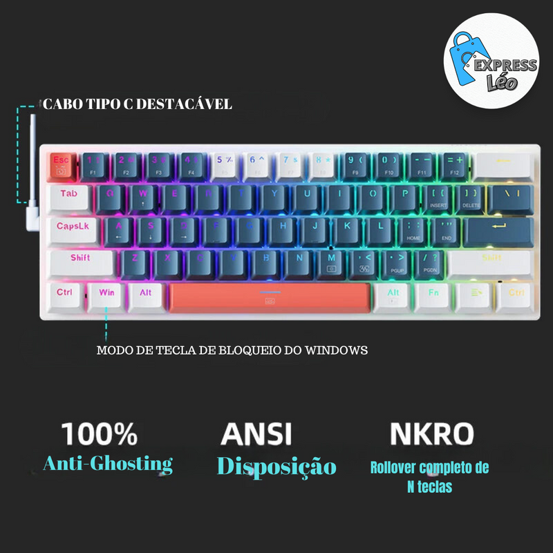 Teclado Mecânico Mini Machenike K500-B61 60% com 61 Teclas, RGB e Troca Rápida, Tipo Full Key, com Fio