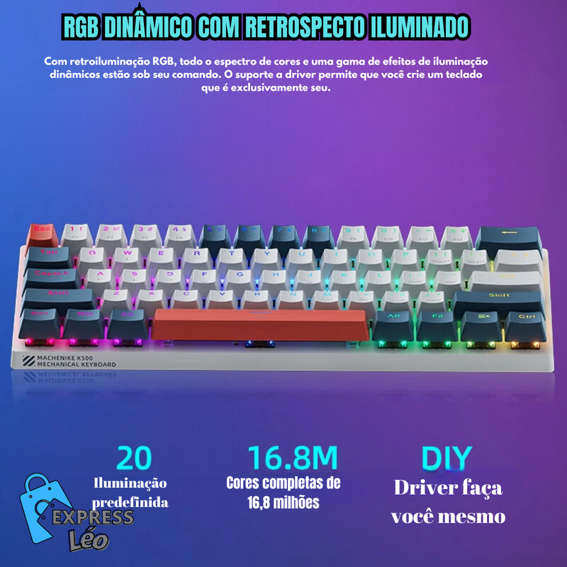 Teclado Mecânico Mini Machenike K500-B61 60% com 61 Teclas, RGB e Troca Rápida, Tipo Full Key, com Fio