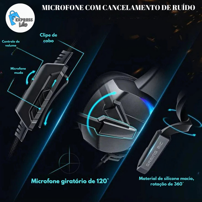 Headset Gamer RGB com Microfone com Cancelamento de Ruído e Som Surround