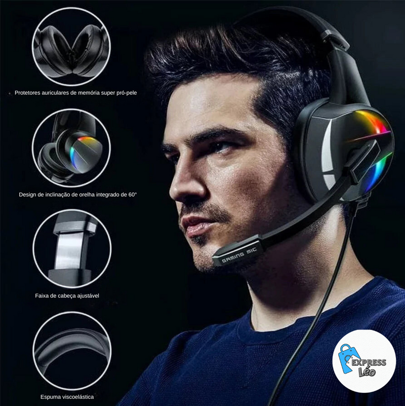 Headset Gamer RGB com Microfone com Cancelamento de Ruído e Som Surround